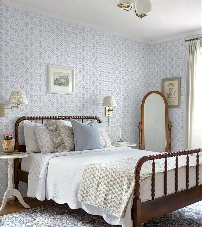 Dimoon Blue Peel and Stick Wallpaper Retro Floral Contact Paper Vintage Boho Cute Wallpaper Renter Friendly Removable Geometric Wall Paper for Bathroom Kitchen Textured Vinyl 17.3''x197''