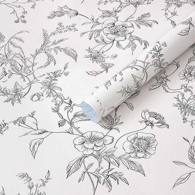 Ismoon Peel and Stick Wallpaper Floral Vintage Stick on Wall Paper Black and White Contact Paper for Cabinet French Textured Removable Self Adhesive Wallpaper Vinyl for Bedroom Wall Deco 17.3 x 393in