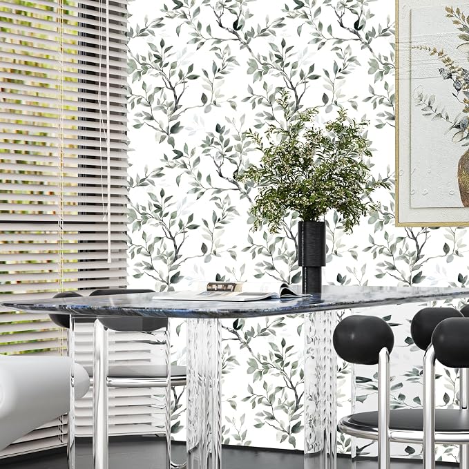 ILHIIOR White Floral Peel and Stick Wallpaper Boho Leaf Contact Paper Green Leaf Removable Self Adhesive Waterproof Wall Paper for Cabinet Drawers Wall Decor Renter Friendly 17.5''x393''