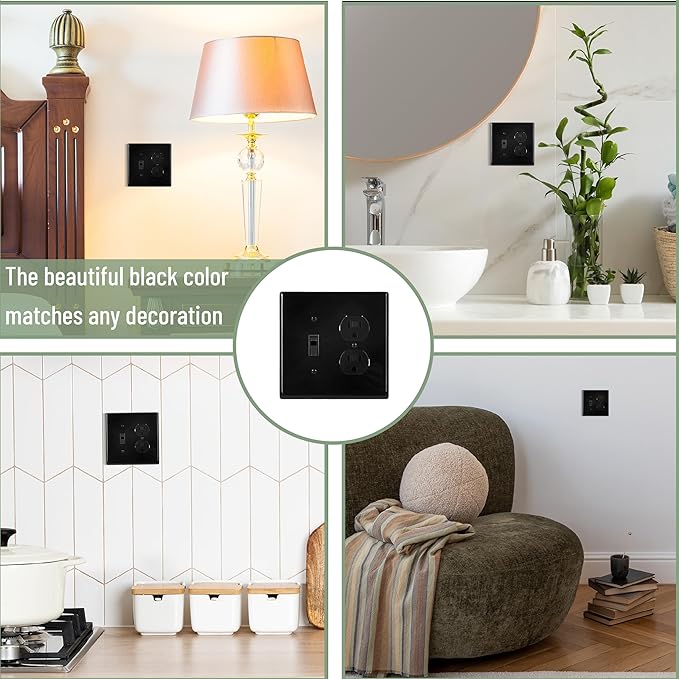 Bates- 2-Gang Combination Wall Plate, 4.88"x 4.96"/Mid-Size, Black, Toggle Light Switch/Duplex Receptacle Outlet, 2 Gang Wall Plate for Electrical Outlets, Double Outlet Cover Plate