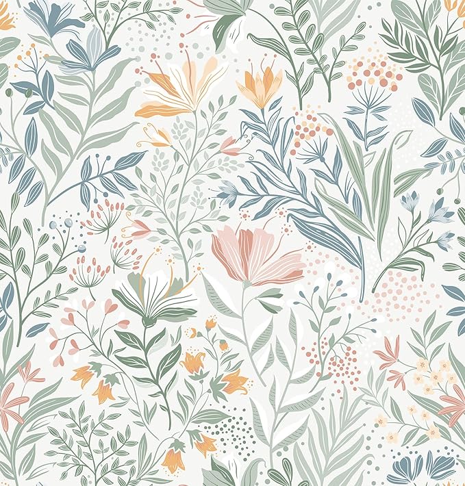 Fititem Floral Peel and Stick Wallpaper Boho Modern Wall Paper 17.3”×591” | Wildflower Self Adhesive Contact Paper for Cabinet Fun Nature Removable Waterproof Wallpaper for Bathroom Kids Bedroom Decor