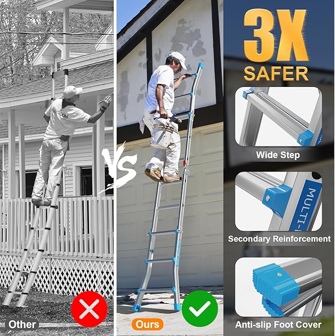 LUISLADDERS Ladder, A Frame Step Ladder Telescoping Ladder, Muti Position Folding Ladder Flared Leg & Wheels Design, 330 lbs Capacity Extension Ladder for Household Outdoor Work (13 FT)