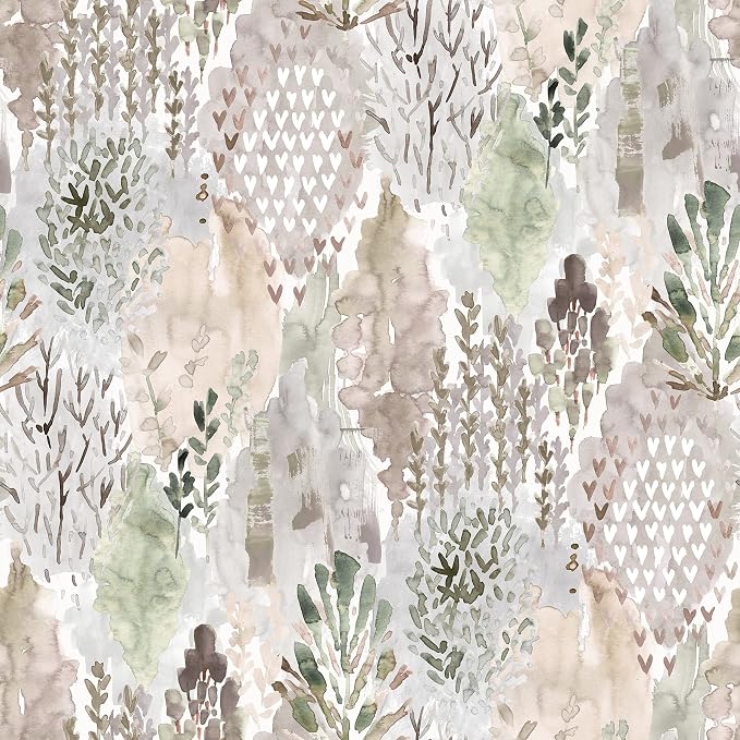 RoomMates RMK12331PLW Taupe Watercolor Tree Mosaic Peel and Stick Wallpaper, Beige/Grey