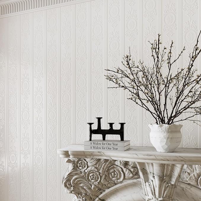 White 3D Embossed Textured Peel Stick Wallpaper 17.3"x400" | Removable Renter Friendly Contact Paper, Waterproof Self Adhesive Wallpaper for Bedroom, Bathroom, Decor,48 sq.