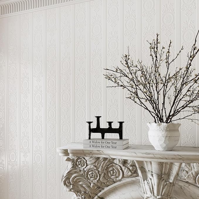 White 3D Embossed Textured Peel Stick Wallpaper 17.3"x1200" | Removable Renter Friendly Contact Paper, Waterproof Self Adhesive Wallpaper for Bedroom, Bathroom, Decor,144 sq.