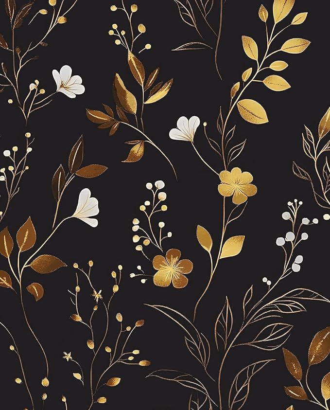 Black Floral Leaf Vintage Wallpaper Peel and Stick 17.5" × 118" | Self Adhesive/Removable/Waterproof/Thick Vinyl Contact Paper for Bathroom Bedroom Shelf Cabinet Drawer,Prepasted,Easy Peel