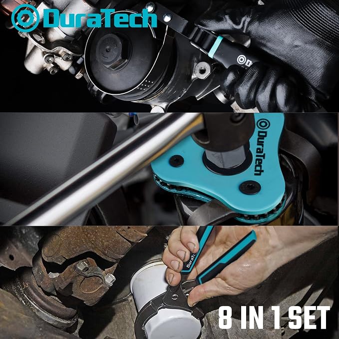 DURATECH 8-Piece Oil Filter Swivel Wrench Set | Covers 2-3/4" to 5-1/4", 9" & 12" Adjustable Oil Filter Pliers, Universal 3-Jaw Removal Tool, 1/2" to 3/8" Adapter