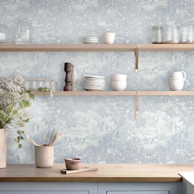 Ismoon Vintage Wallpaper Peel and Stick Blue Neutral Wallpaper 17.3in x16.4ft Forest Animals Contact Paper for Bedroom Thicken Waterproof Self-Adhesive Wall Paper Removable Renter Friendly Vinyl