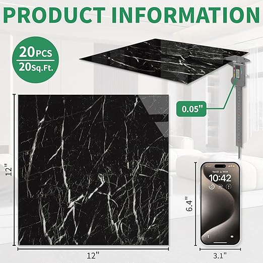 20-Pack Peel and Stick Floor Tiles Vinyl Floor 12 x 12 inch Self Adhesive Waterproof Flooring Planks DIY for Bathroom, Kitchen, Living Room, RV, Cover 20 Sq. Ft, Polish Black Marble