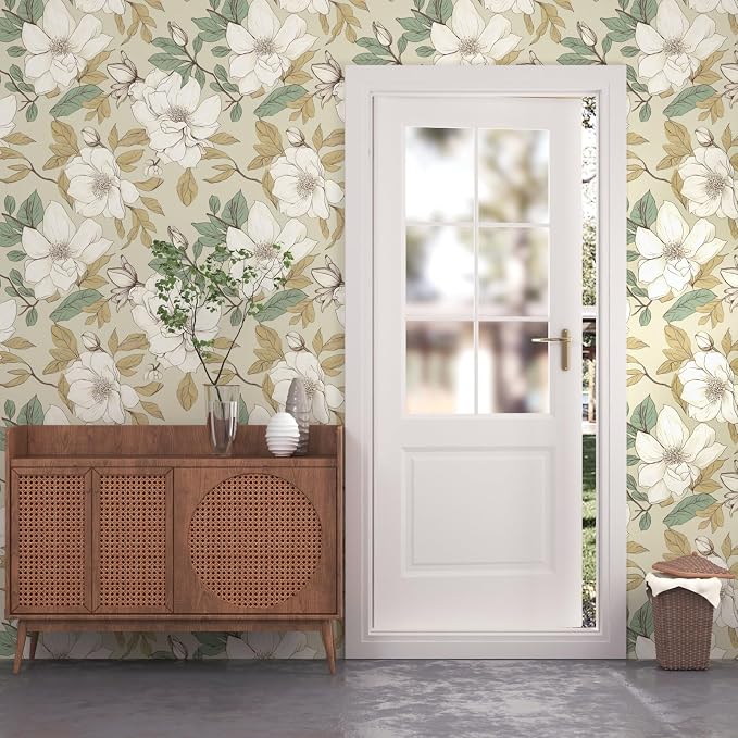 Beige Magnolia Floral Peel and Stick Wallpaper 17.5"x393" | Self Adhesive/Removable/Waterproof/Thick Vinyl Vintage Contact Paper for Bathroom Bedroom Shelf Cabinet Drawer,Prepasted