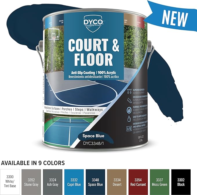DYCO Court & Floor Anti-Slip Coating - Slip-Resistant Pavement, Cement & Concrete Paint for Pickleball, Tennis & Basketball Courts, Exceeds ADA Standards for Safety Areas (Space Blue, 1 Gallon)