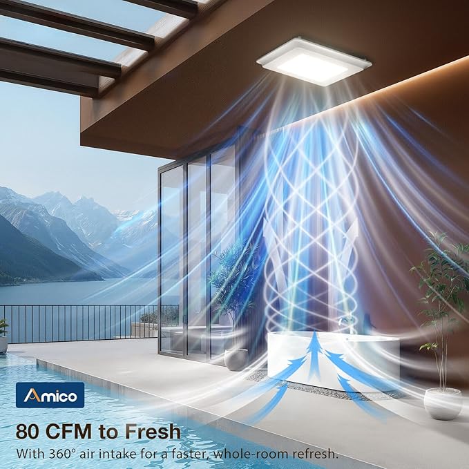 Amico Bathroom Exhaust Fan with Light, 80 CFM, 0.9 Sones, 1000LM, 5CCT, Easy Install, Ceiling Mount Shower Bathroom Fan, Adjustable Household Ventilation Fan, ETL & FCC Certified
