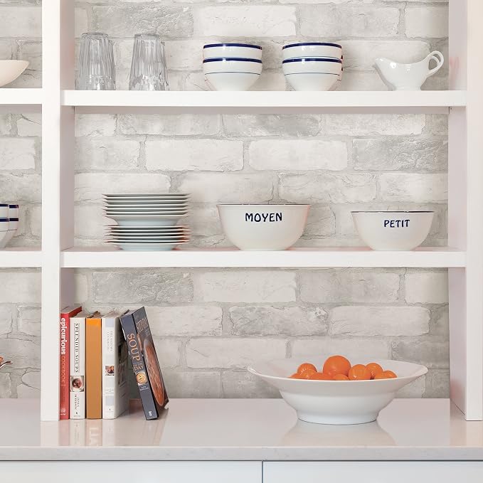 NuWallpaper Loft Brick Peel and Stick Wallpaper, White and Off-White, Textured Removable Wallpaper, 20.5 in x 18 ft