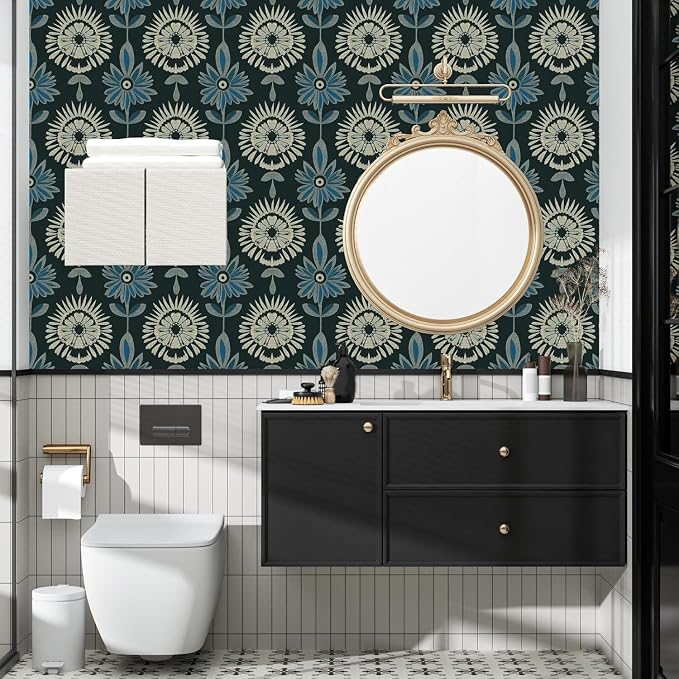 BOKEBEVE Boho Floral Peel and Stick Wallpaper Dark Green 17.5 x 393.5In | Extra Long Symmetry Contact Paper Modern Wall Paper for Bedroom Accent Walls Laundry Nursery Pantry Renter Friendly Removable