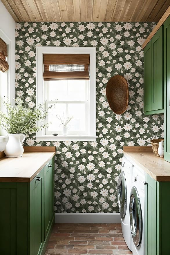 Floral Wallpaper Peel and Stick, Green Daisy Flower Removable Self Adhesive Wallpaper for Bedroom Bathroom Cabinet, 17.3‘’×78.7‘’