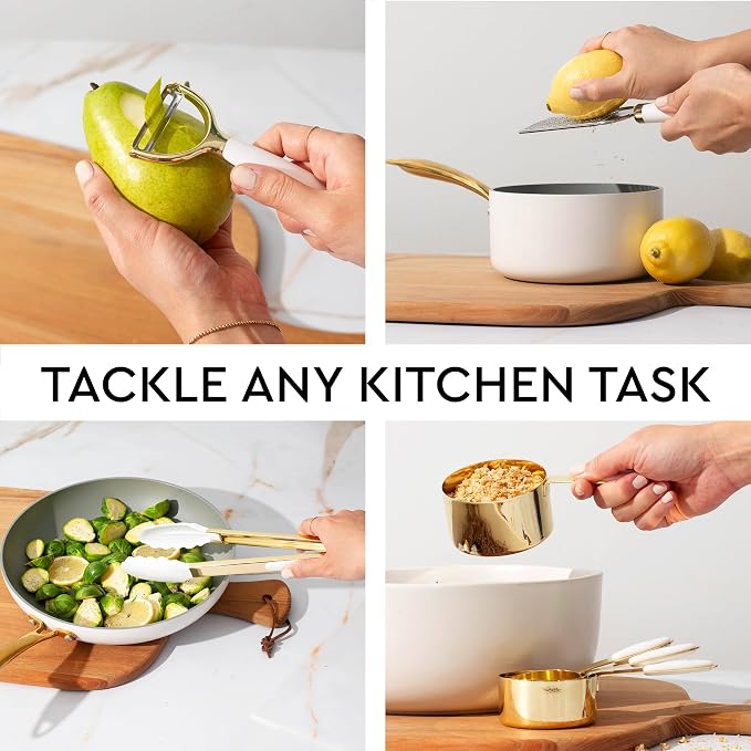 Styled Settings White and Gold Kitchen Utensils Set, 23-Piece | Stainless Steel, Gold Kitchen Accessories Include Measuring Cups, Silicone Utensils, Utensil Holder -Gold Kitchen Accessories