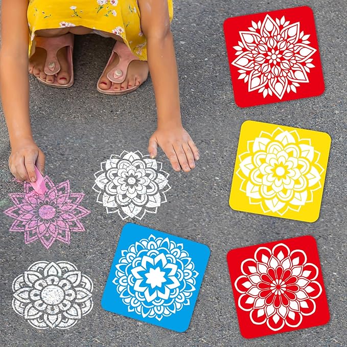 36pcs Mandala Drawing Stencils for 8 Inch Sidewalk Chalk Stencils Painting Large Washable Reusable Mandala Themed Primary Shape Template for Toddlers Preschool