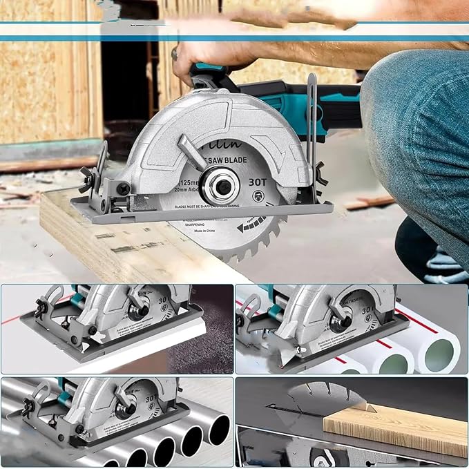5 Inch Brushless Cordless Circular Saw with 4000mAh Battery,6500 RPM Compact Circular Saw,20mm Arbor with 1 TCT 30T Wood Blade and Scale Ruler