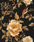 Laatse Vintage Floral Bird Wallpaper Peel and Stick Boho Wallpaper 17.5in x118in Black/Golden Floral Wall Mural Waterproof Self-Adhesive Modern Wall Paper for Bedroom Kitchen Cabinet Drawer Decor