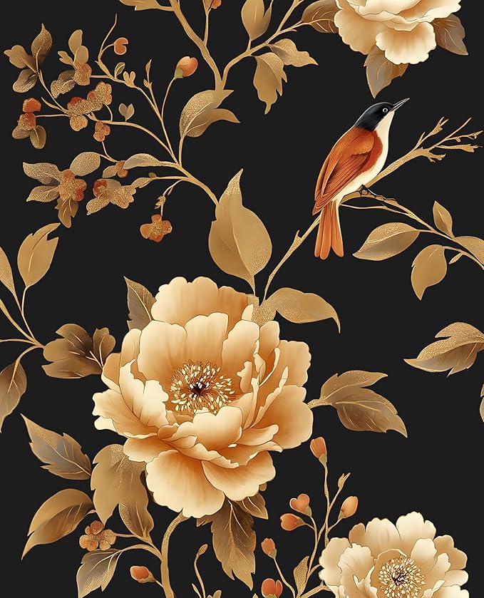 Laatse Vintage Floral Bird Wallpaper Peel and Stick Boho Wallpaper 17.5in x118in Black/Golden Floral Wall Mural Waterproof Self-Adhesive Modern Wall Paper for Bedroom Kitchen Cabinet Drawer Decor