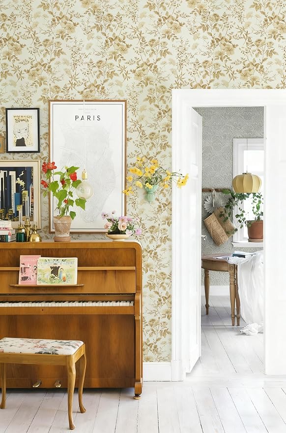 Erfoni 16.9" x197" Yellow Brown Floral Peel and Stick Wallpaper Boho Floral Leaf Contact Paper Flower Self Adhesive Wall Paper DIY Removable Decoration Wallpaper for Livingroom Accent Wall Covering