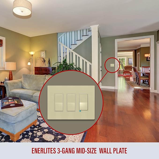 ENERLITES Screwless Decorator Wall Plates Child Safe Outlet Covers, Gloss Finish, Medium Size 3-Gang 4.88" H x 6.77" L, Unbreakable Polycarbonate Thermoplastic, SI8833M-I, Ivory