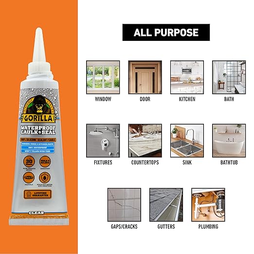 Gorilla 100% Silicone Caulk, Waterproof Sealant, 2.8oz Squeeze Tube (Pack of 2) – Clear -10 Year Mold Resistant Kitchen, Window, Bath, Marine, Door and More