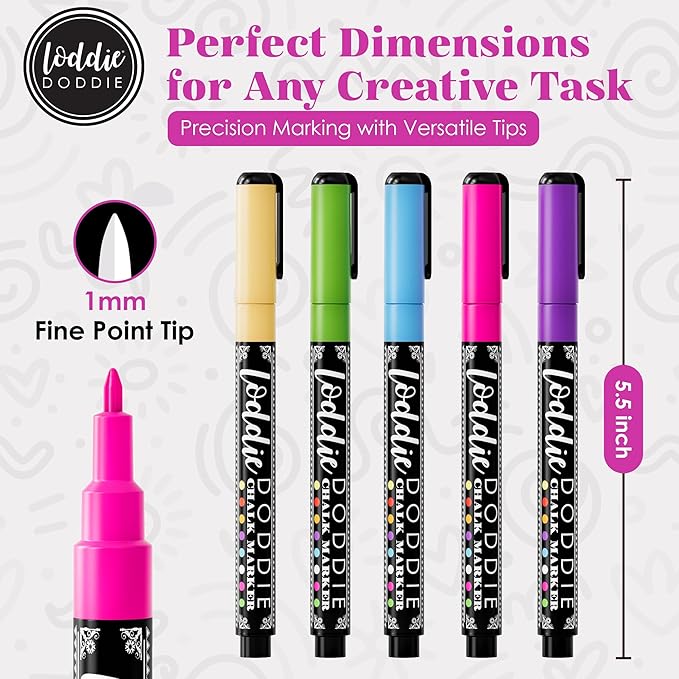 Loddie Doddie Liquid Chalk Markers - 24 Pack, 1mm Tip, Multicolor - Chalk Paint Finish - Vibrant Chalkboard Markers - Easy-Clean Wet Erase