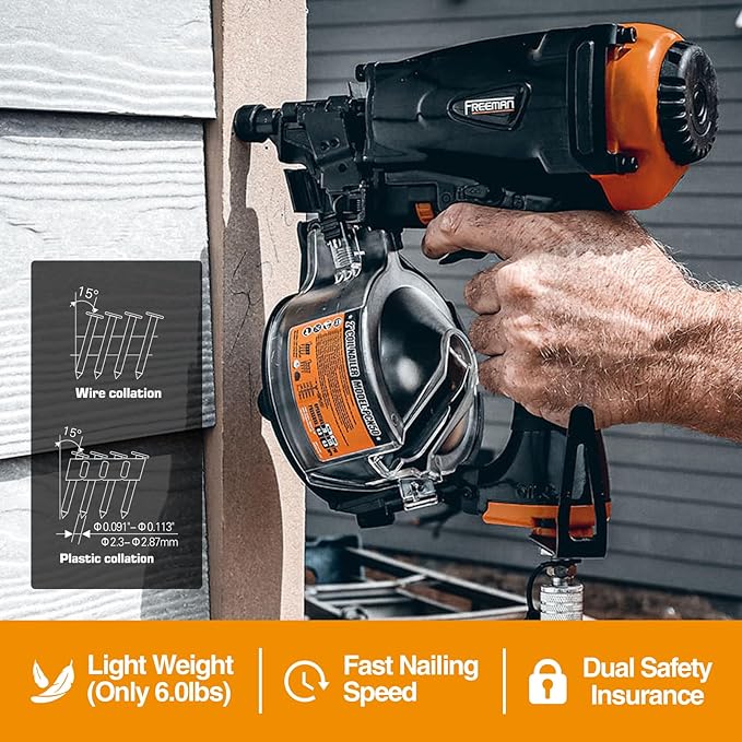 Freeman Pneumatic 15 Degree 2-1/2" Coil Siding Nailer with Adjustable Metal Belt Hook | PCN65
