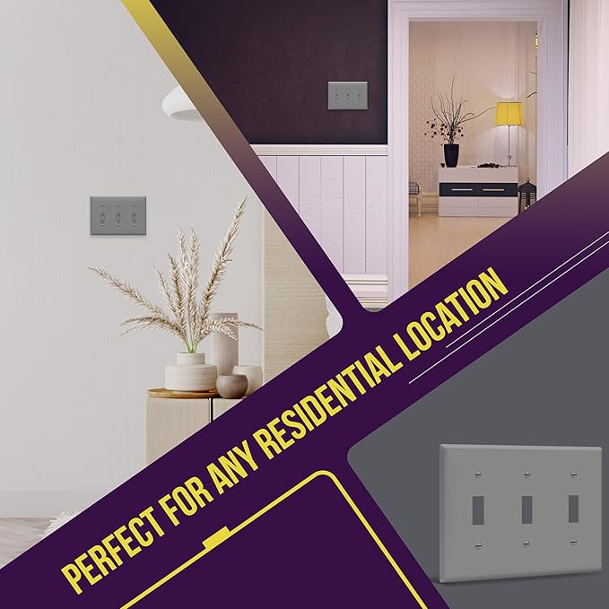 ENERLITES Triple Light Wall, Toggle Switch Plate, Gloss Finish, 3-Gang Standard Size 4.50" x 6.38", Unbreakable Polycarbonate Thermoplastic, UL Listed, 8813-GY, Gray