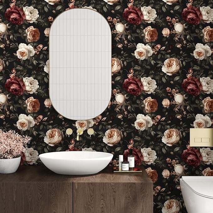 Gothic Black Red Rose Floral Wallpaper Peel and Stick 17.5"x393" | Self Adhesive/Removable/Waterproof/Thick Vinyl Vintage Contact Paper for Bathroom Bedroom Shelf Cabinet Drawer,Prepasted