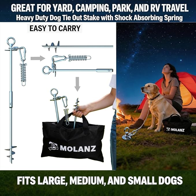 Heavy Duty Dog Tie Out Stake with Shock Absorbing Spring, 2x360° Tangle-Free Swivel, 304 Stainless Steel Anchor for Large Medium Small Dogs, Yard Camping Outdoor (Stake Only/250lbs)