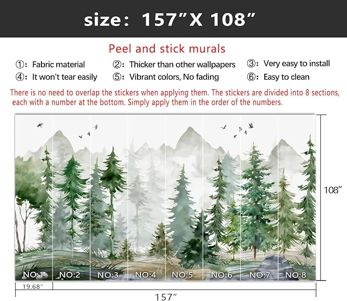 YIHWM-Peel and Stick Nursery Forest Wallpaper Watercolor Pine Tree Mural | Tear-resistant,with a substantial feel;Will not be damaged during repositioning.Boy's Room,kids room wallpaper.XL-157"x108"