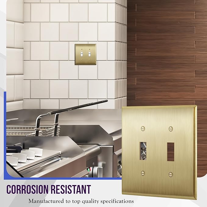 ENERLITES Toggle Light Switch Metal Wall Plate, Stainless Steel 201, Corrosion Resistant, Size 2-Gang 4.50" x 4.57", 7712-BB, Brushed Brass, Gold