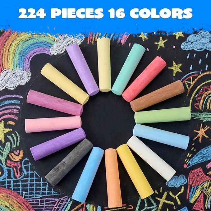JOYIN 224 PCS Sidewalk Chalks Set Non-Toxic Washable Jumbo Chalk for Outdoor Art Play, Painting on Chalkboard, Blackboard and Playground
