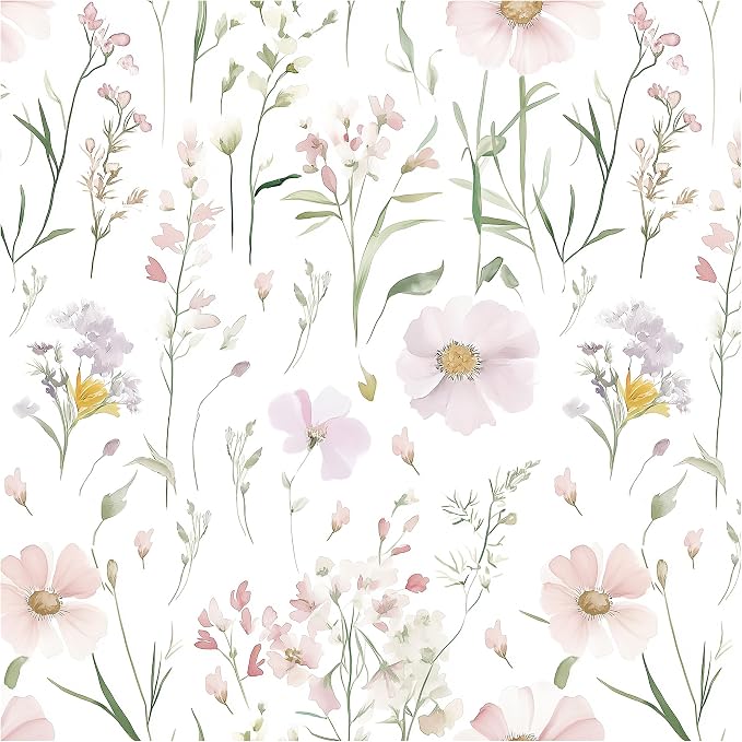 Floral Peel and Stick Wallpaper Boho Contact Paper 17.3"×197" | Self Adhesive Removable Wallpaper Pink Floral White Wildflowers Wall Paper for Bedroom Bathroom Art Deco Wallpapers Vinyl