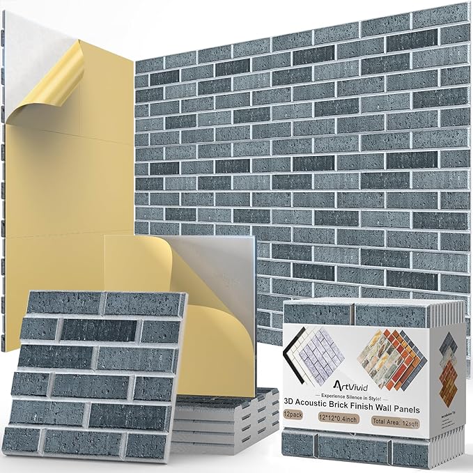12Pack Acoustic Panels, 12"×12"×0.4" Self-Adhesive 3D Brick Pattern Sound Proof Panels for Wall, High Density Decorative Acoustic Foam Sound Absorbing for Recording Studio, Office, Lime Black