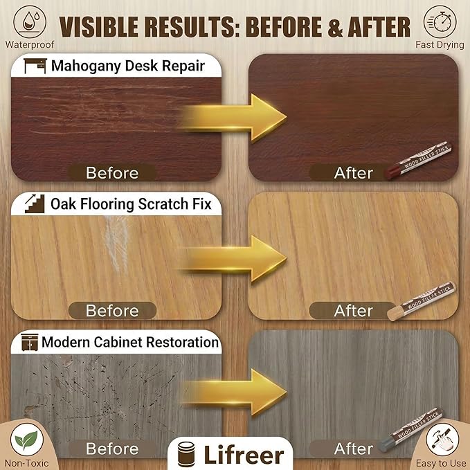 Wood Filler Sticks,16 Colors Wood Crayons for Scratches, Scuffs, Cracks, Stains and Holes, Furniture Wax Crayons Pen for Touch Up Furniture, Floors, Cabinets, Tables, and Doors