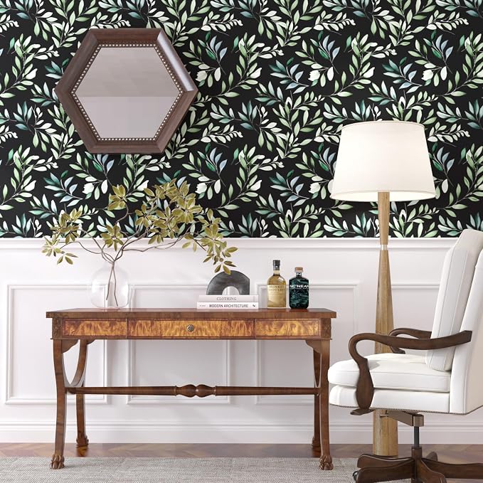 Danodoi Black Green Vintage Leaves Peel and Stick Wallpaper 17.5" x 118" | Waterproof Vinyl Self Adhesive Removable Renter Friendly Floral Contact Paper
