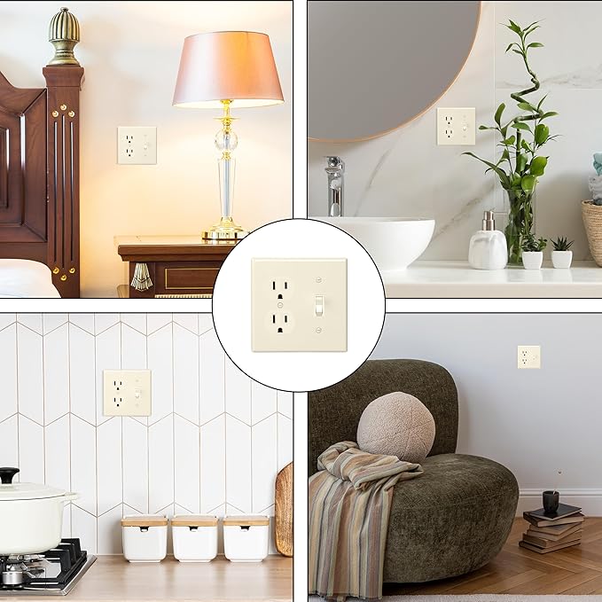 Bates- 2-Gang Combination Wall Plate, 4.88"x 4.92"/Mid-Size, Light Almond, Toggle Light Switch/Duplex Receptacle Outlet, 2 Gang Wall Plate for Electrical Outlets