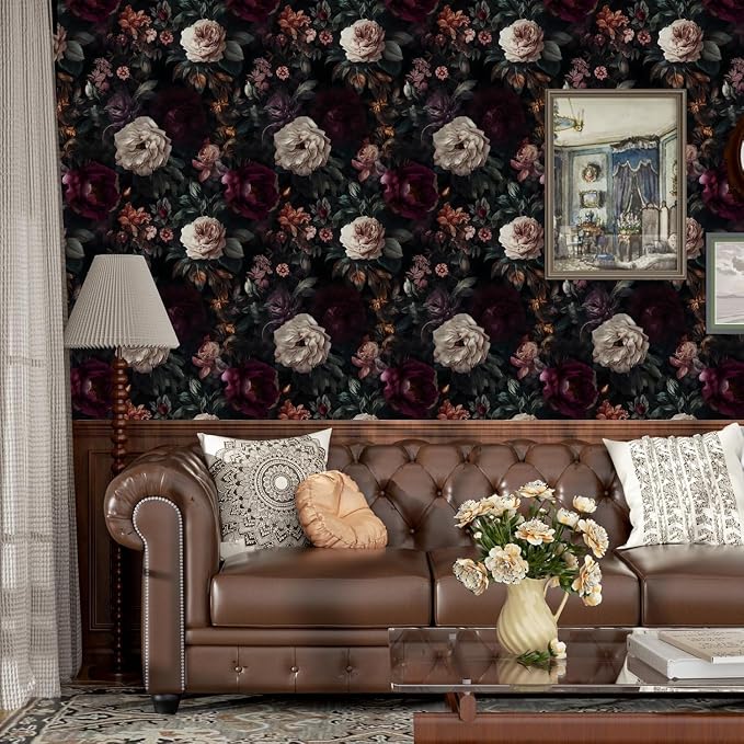 ILHIIOR Black/Pink Floral Peel and Stick Wallpaper 17.5 x 393 Inches | Leaf Removable Self Adhesive Waterproof Contact Paper, Renter Friendly Decor for Cabinets, Drawers & Bedroom Walls