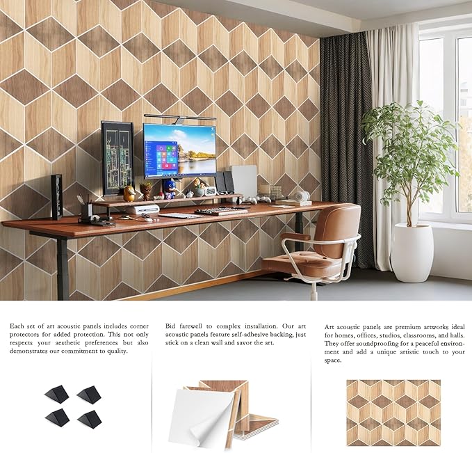 12Pack Acoustic Panels, Self-Adhesive Sound Proof Panels for Walls, Decorative Wood Grain Printing Sound Dampening Panel Sound Absorption Tile for Studio, Office, Home, 12×12×0.4", Light Walnut Grain