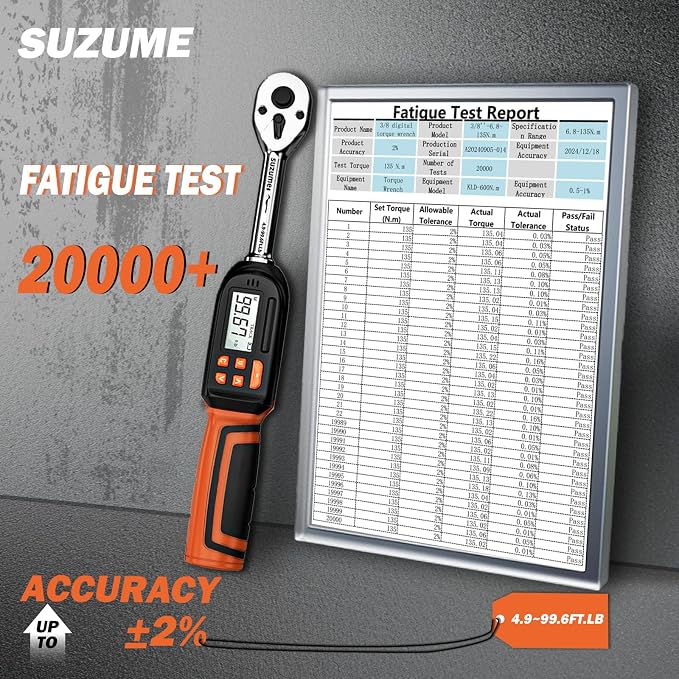 Digital Torque Wrench 3/8 Drive (5.02-99.57 Ft. Lb / 6.8-135 N.m) | ±2% Accuracy,Buzzer and LED Alert,Electric Display,Peak & Track,Foot / Inch Pound,Automotive,Car, Moto,Spark Plug,Engine,Bike