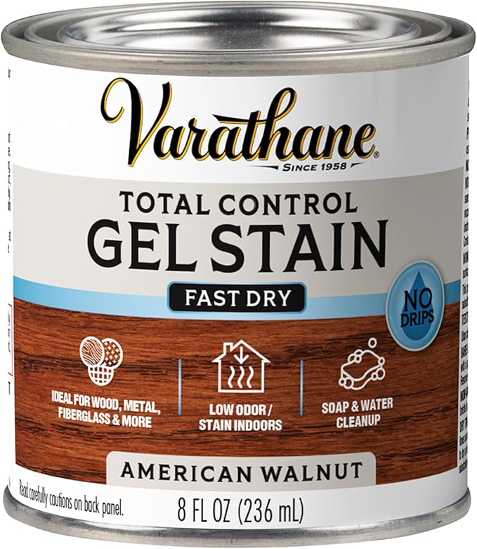 Varathane Total Control Gel Stain | Low Odor Water-Based Formula | Thick Gel Formula for Vertical Surfaces | Ideal for Wood, Metal & Fiberglass | Half Pint | American Walnut