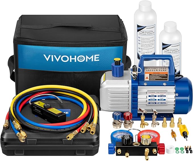 VIVOHOME 110V 3/4 HP 7.2CFM 2 Stage HVAC Vacuum Pump and 4 Way AC Manifold Gauge Set Kit with Leak Detector 5ft Hoses for R134a R12 R22 R502 R410a Auto Air Conditioning Refrigeration Recharging