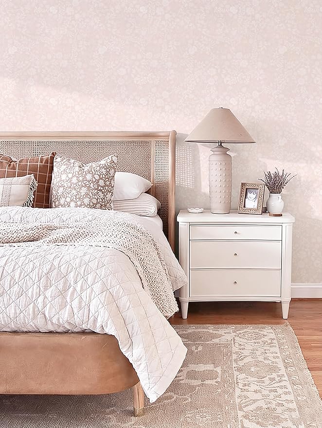Guvana Pink and White Peel and Stick Wallpaper Floral Wallpaper Slef Adhesive Removable Waterproof Contact Paper Boho Wall Paper for Living Room Bedroom Stair Kitchen Bathroom 17.3''x394''
