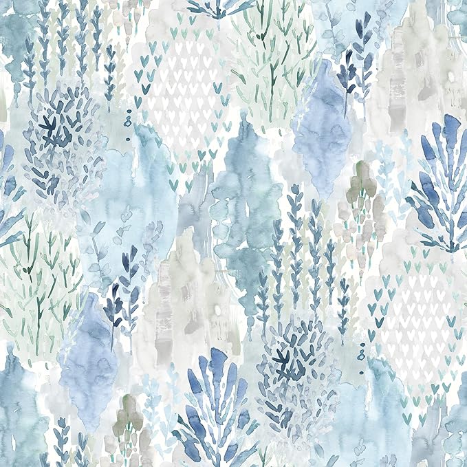 RoomMates RMK12330PLW Blue Watercolor Tree Mosaic Peel and Stick Wallpaper