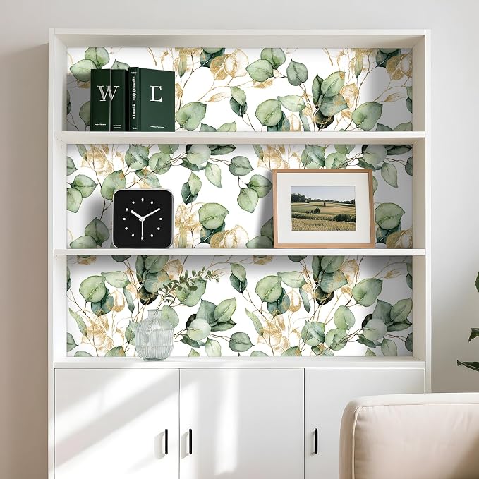 Livelynine Sage Green and Gold Botanical Wallpaper Peel and Stick Elegant Muted Green Eucalyptus Leaf Wallpaper Prepasted Removable White Gold Boho Contact Paper for Cabinets Classroom Wall 17.5x78.8