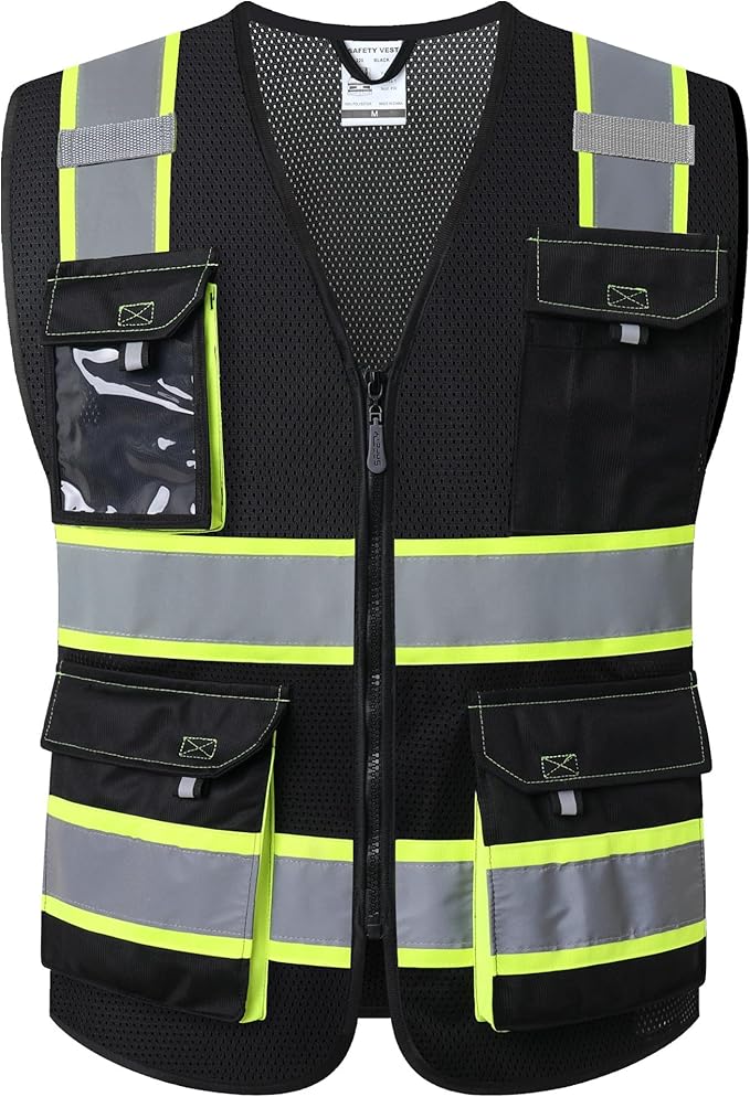 JKSafety Hi Vis Reflective Safety Vests for Men Women High Visibility Vest with Pockets Fabric Construction Safety Apparel Neon Vest for Work (220-Black M)