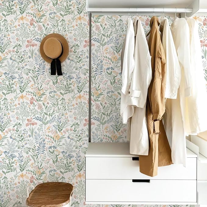 Fititem Floral Peel and Stick Wallpaper Boho Nature Wall Paper 17.3”×197” | Self Adhesive Floral Contact Paper Cabinet Flower Modern Wildflower Wallpaper Removable Waterproof Wallpaper Bathroom Bedroom